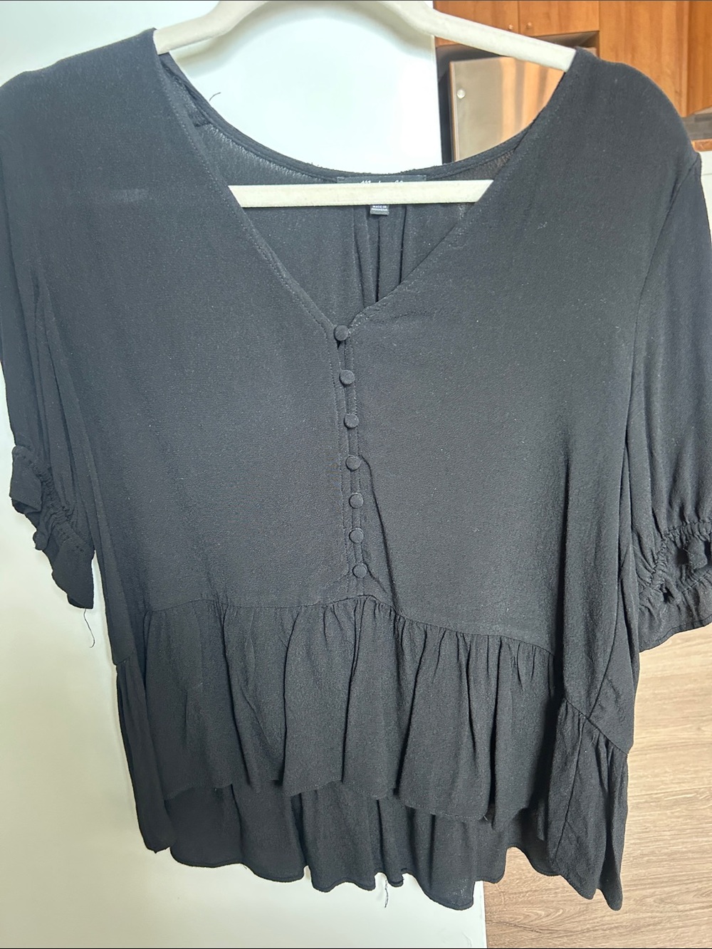 Madewell Black V-Neck Button-Front Ruffle Peasant Top